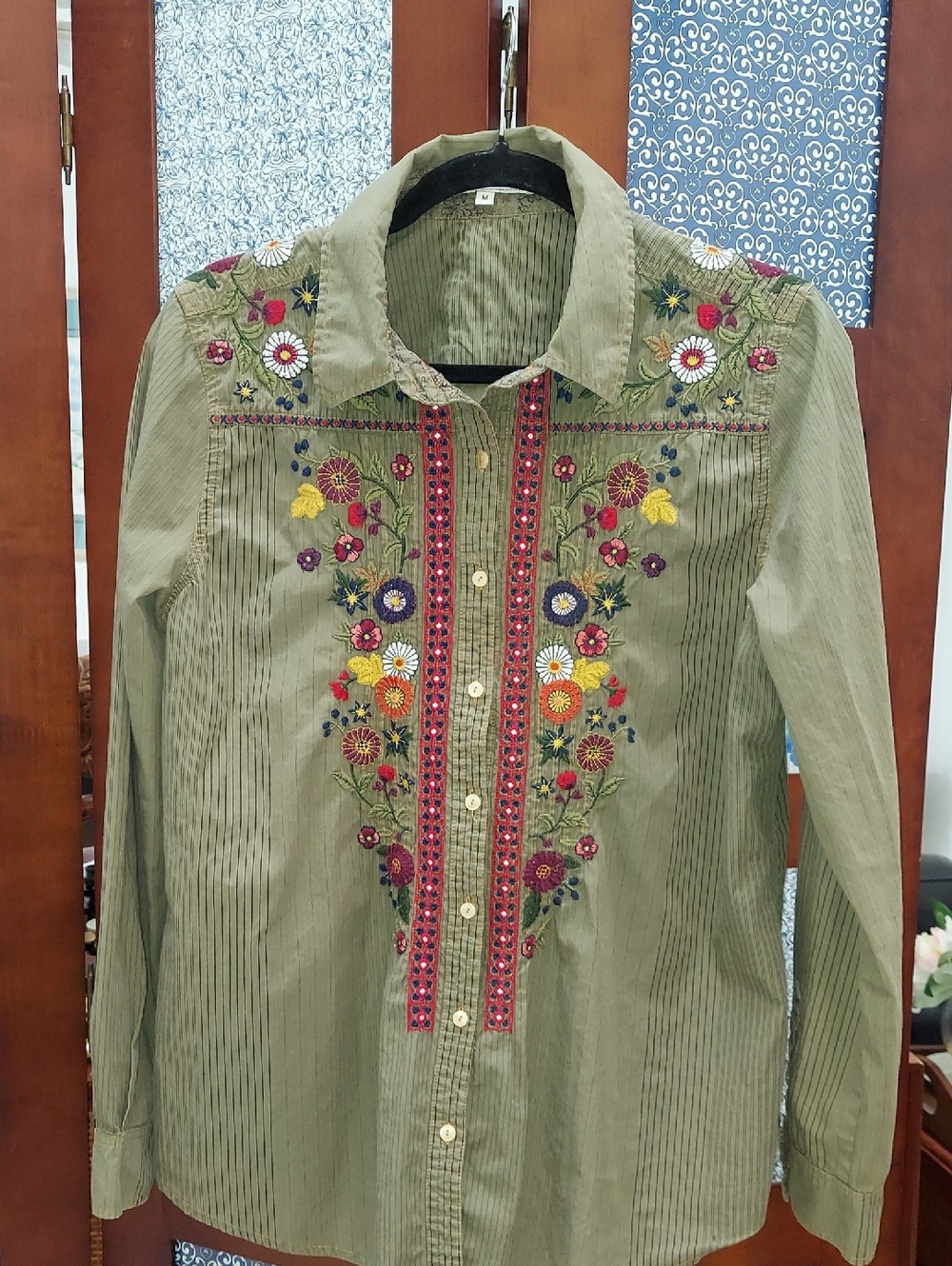 3J Workshop By Johnny Was, Sz Med Top, Green, Embroidered, Cotton